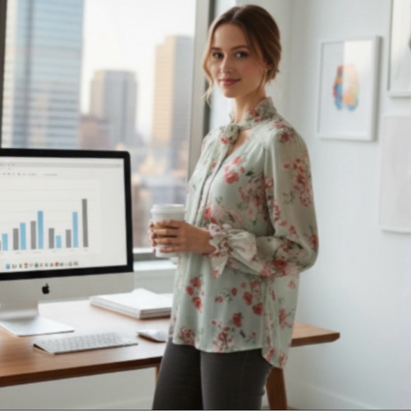 OLM Mint Green Floral Ruffle Trim Tie Neck Blouse
Size Large - Picture 5 of 15